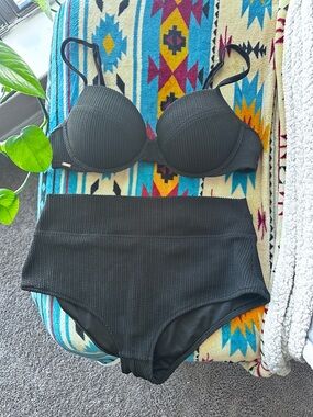 PINK Victoria's Secret Textured Black High Waist Bikini Set